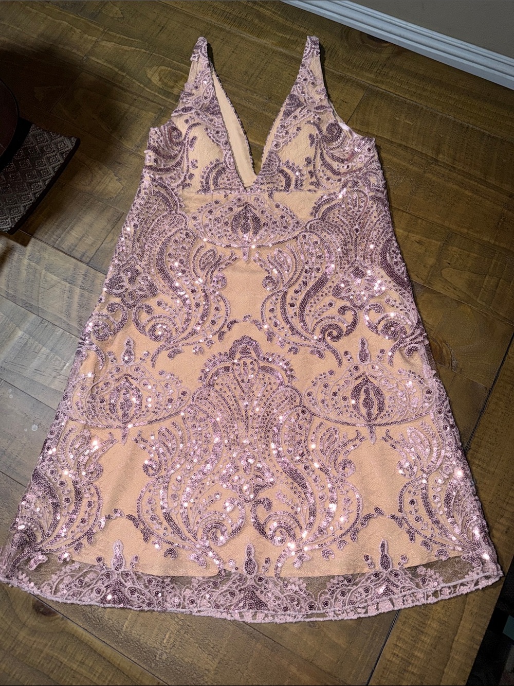 Free People Night Shimmer Rose Nude Sequin V-Neck Mini Dress - Picture 5 of 5